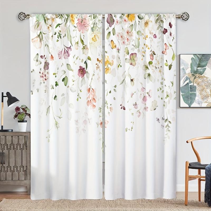 2 Panels Flower Pattern Window Curtains, Rod Pocket Drapes for Home Decor