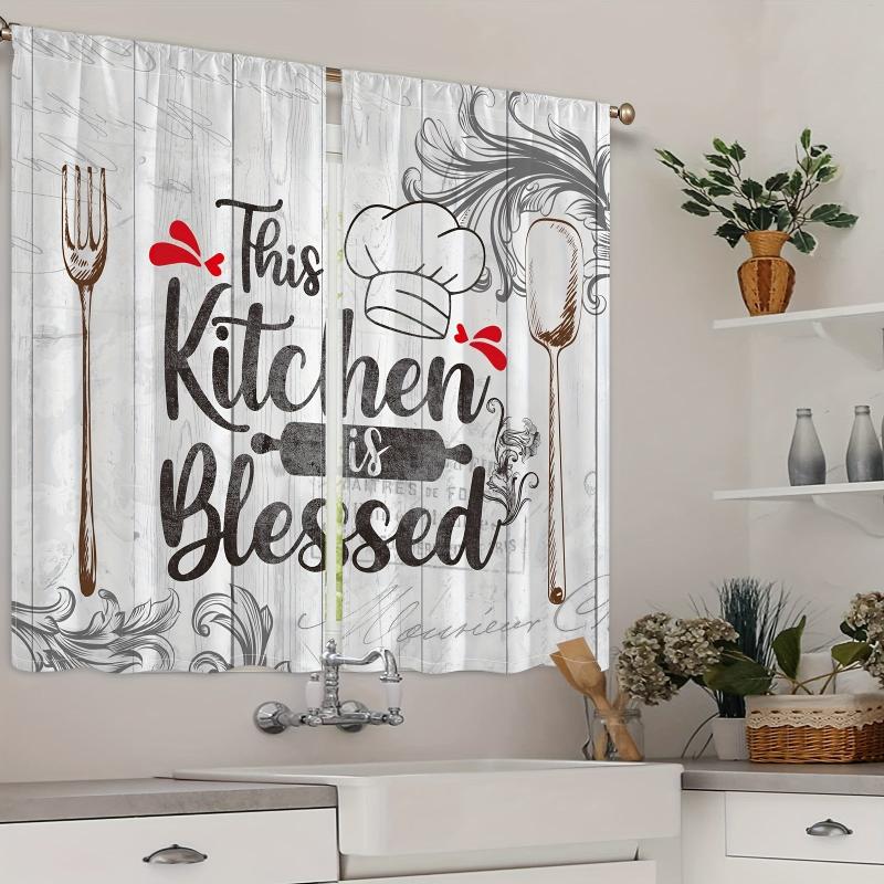 2pcs Vintage Kitchen Blessing Words Half Blackout Curtains