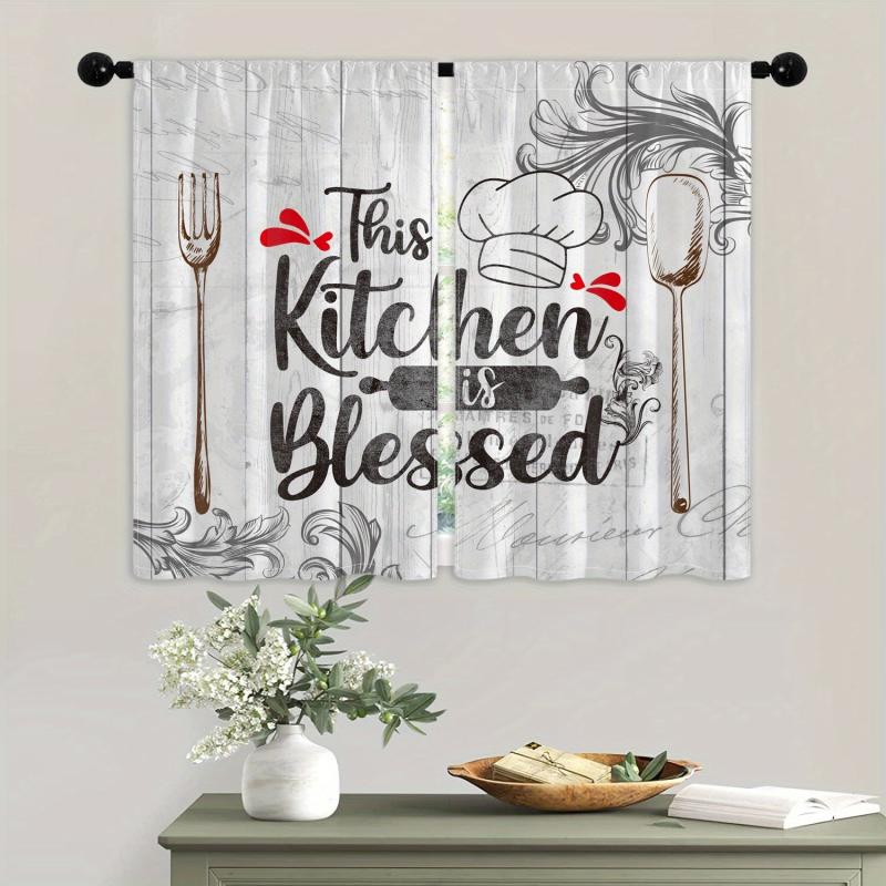2pcs Vintage Kitchen Blessing Words Half Blackout Curtains