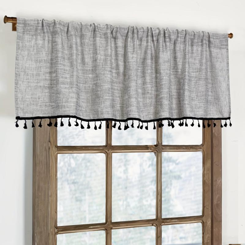 1PC Linen Curtain Head Short Valance Gray Tassel Kitchen Curtain Small Curtain