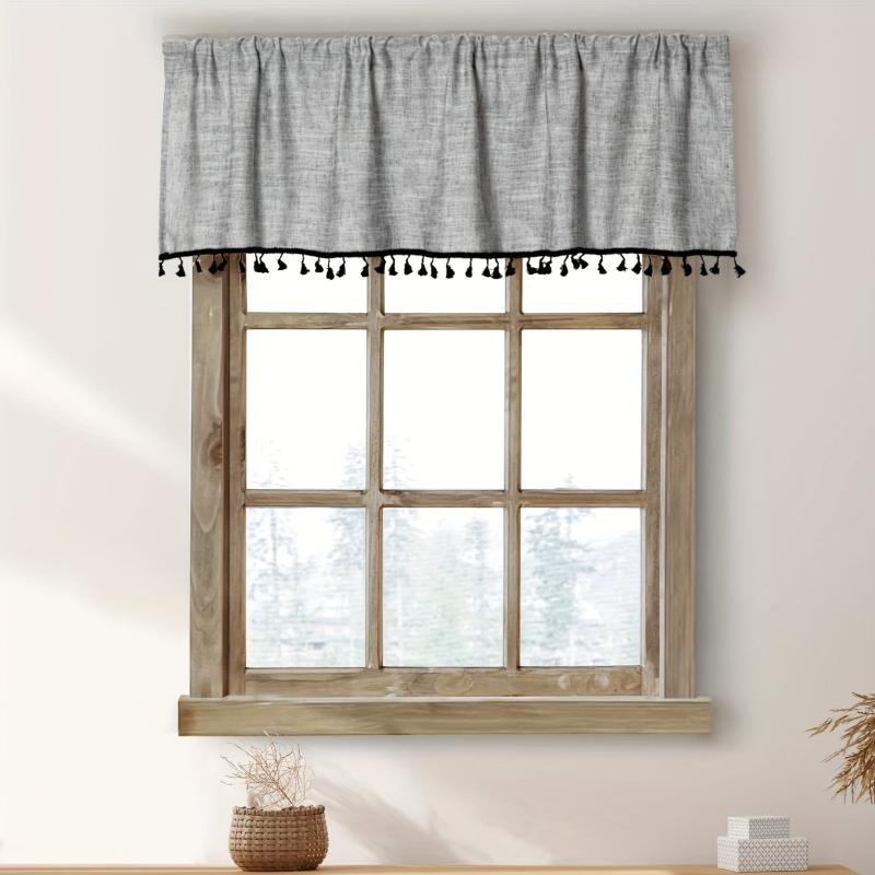 1PC Linen Curtain Head Short Valance Gray Tassel Kitchen Curtain Small Curtain