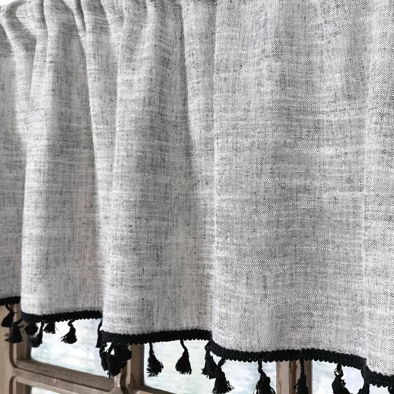 1PC Linen Curtain Head Short Valance Gray Tassel Kitchen Curtain Small Curtain