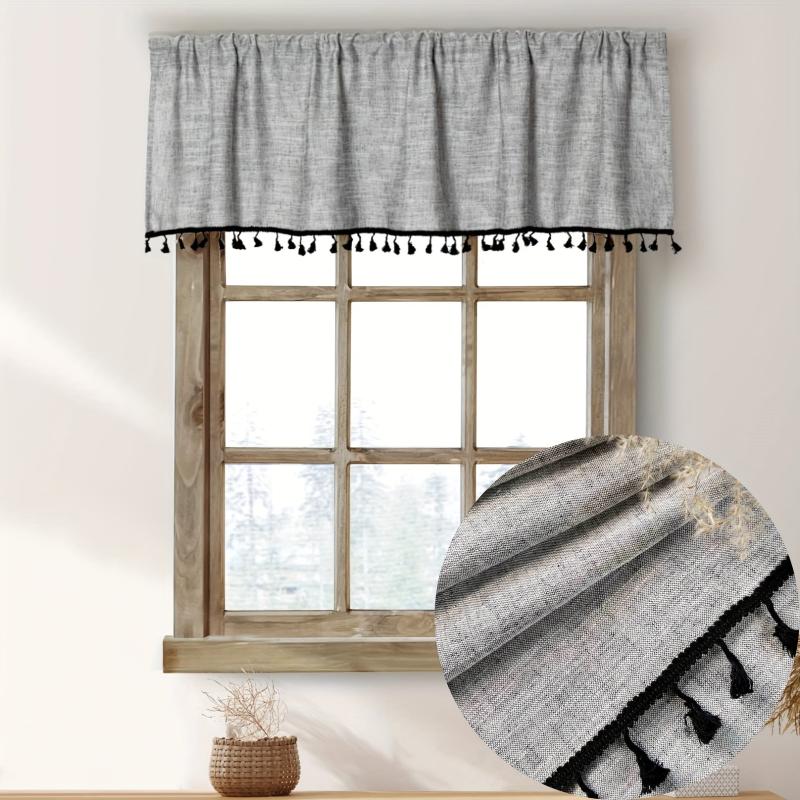 1PC Linen Curtain Head Short Valance Gray Tassel Kitchen Curtain Small Curtain