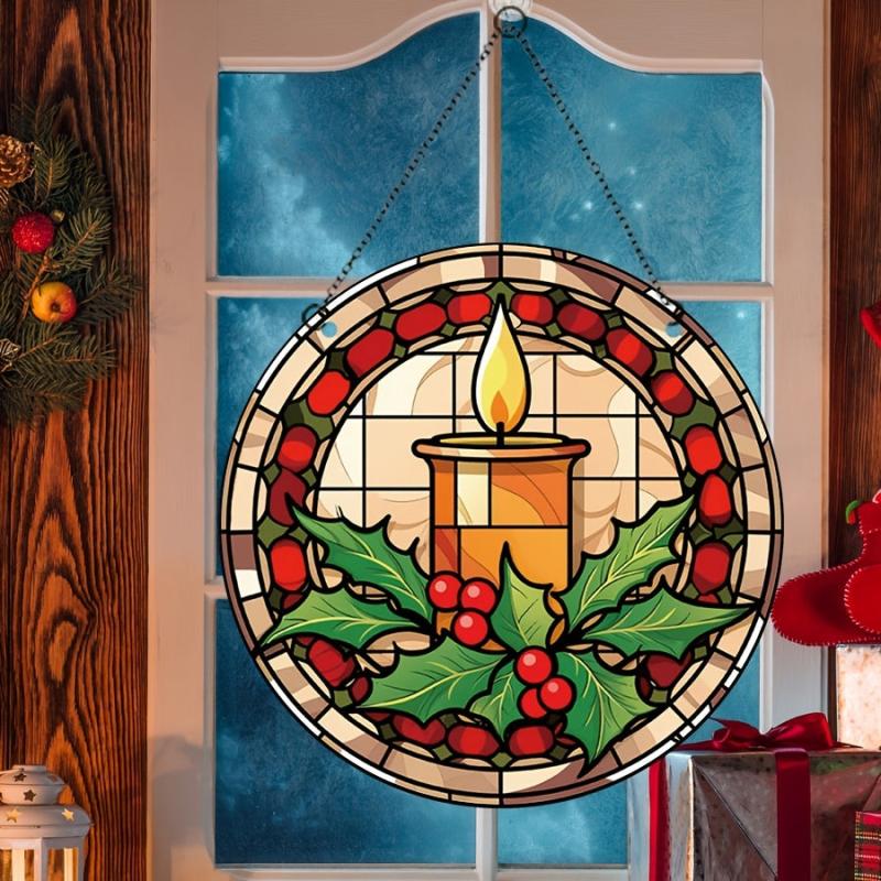 Acrylic Christmas Candle Leaf Round Stain Window Hanging Decoration