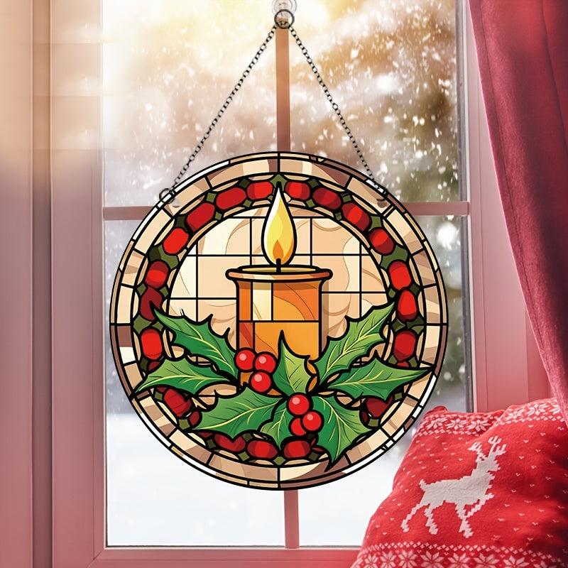 Acrylic Christmas Candle Leaf Round Stain Window Hanging Decoration
