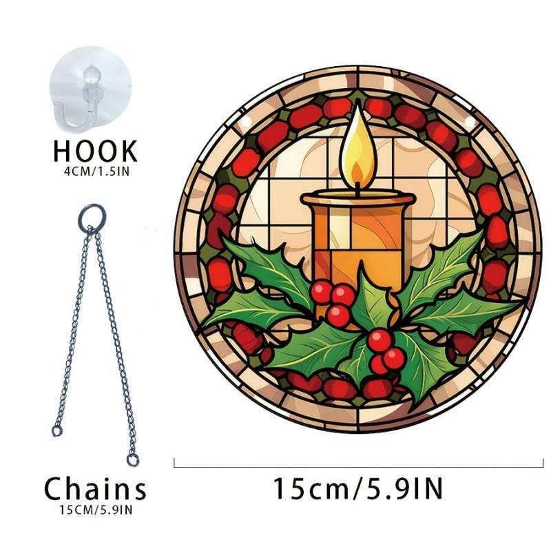 Acrylic Christmas Candle Leaf Round Stain Window Hanging Decoration