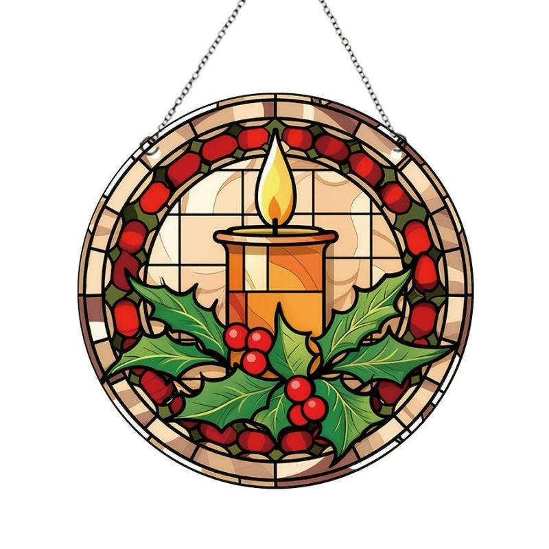 Acrylic Christmas Candle Leaf Round Stain Window Hanging Decoration