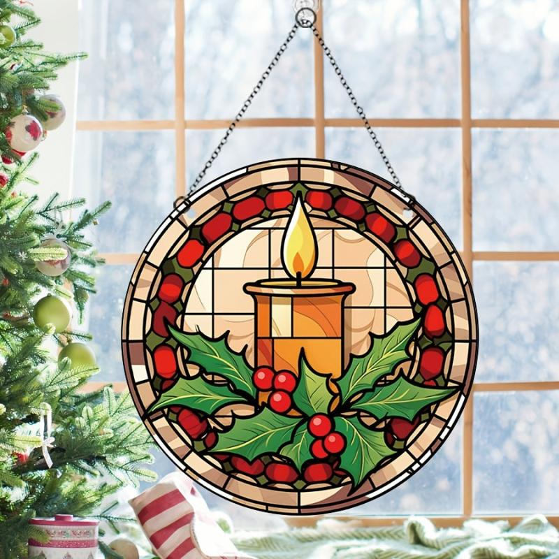 Acrylic Christmas Candle Leaf Round Stain Window Hanging Decoration