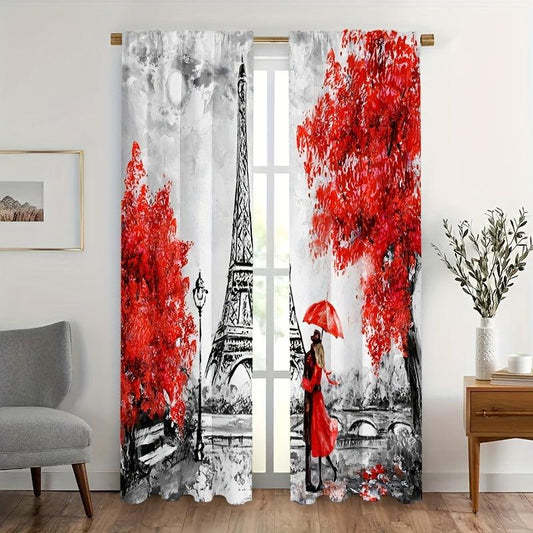 2pcs Eiffel Tower Curtains Rod Pocket Semi Blackout Window Curtains