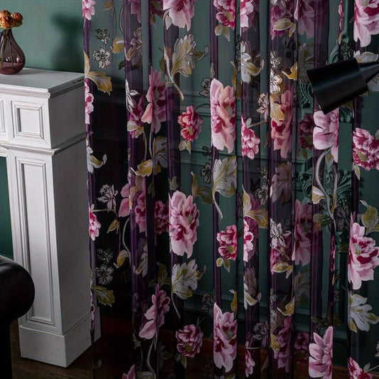 Purple Flower Printed Sheer Curtain for Home Decor
