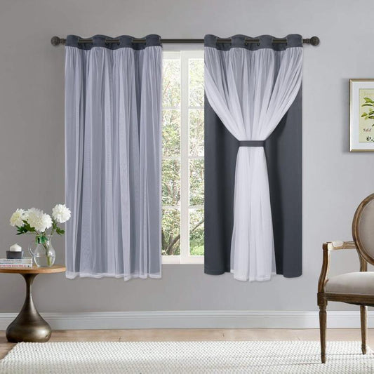 Blackout Curtains With Sheer Voile Double Layer Grey