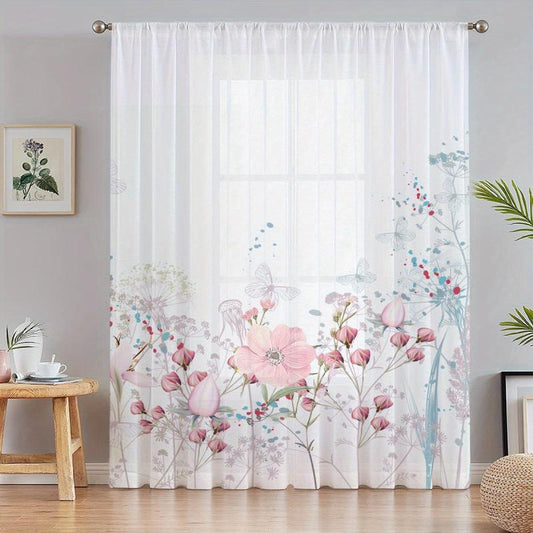 Pink Floral Butterfly Voile Curtain Rod Pocket Semi Sheer for Living Room Bedroo
