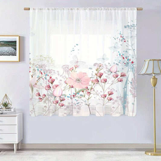 Pink Floral Butterfly Voile Curtain Rod Pocket Semi Sheer for Living Room Bedroo