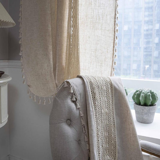 Geometric Pattern Crochet Bohemian Curtain Solid Linen Semi Blackout Rod Pocket