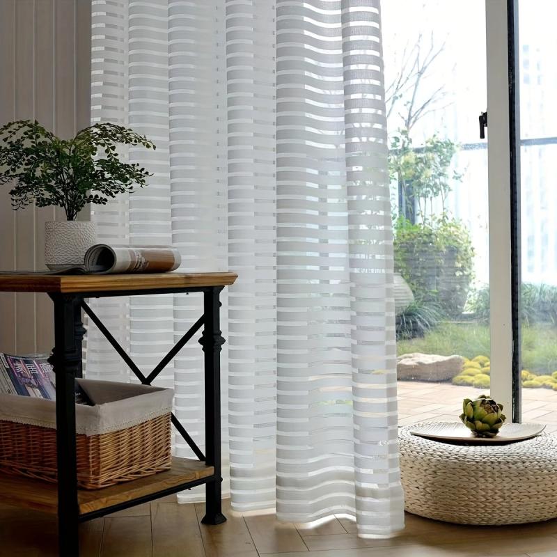 Solid Horizontal Stripe Sheer Curtain for Living Room & Bedroom Decor
