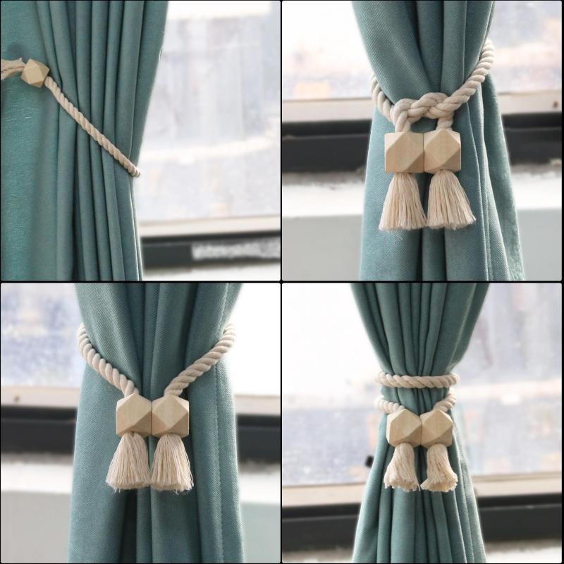 2pcs Hand Woven Wooden Magnetic Curtain Tiebacks for Bedroom and Living Room