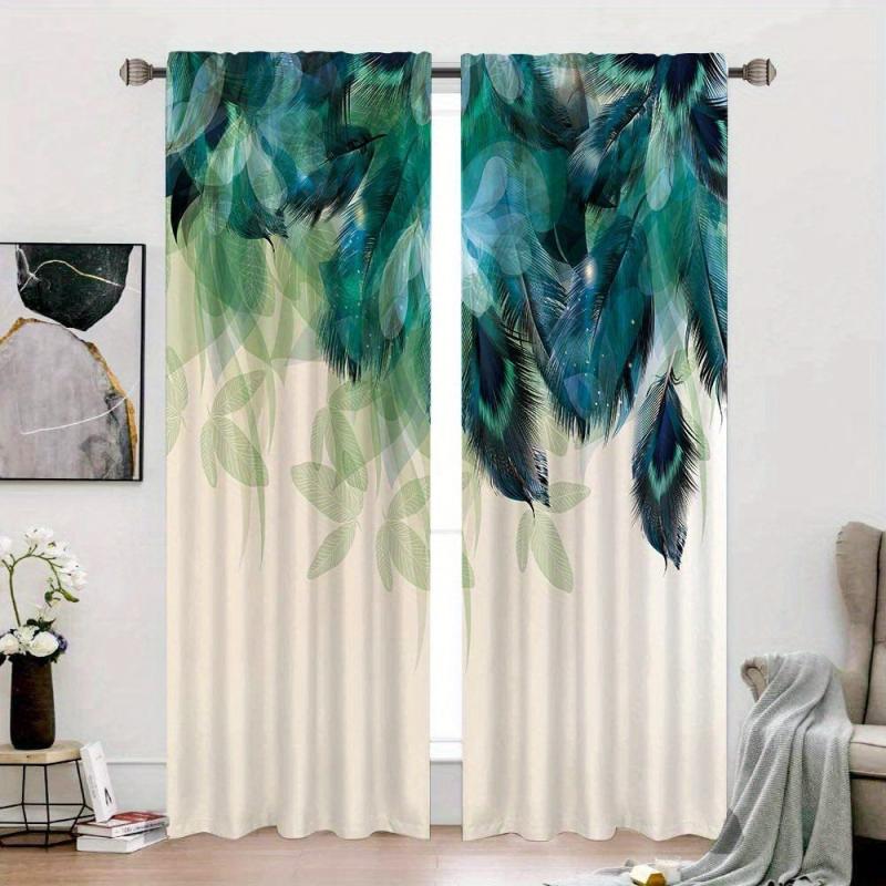 2pcs Peacock Feather Printed Window Curtain for Home Decor