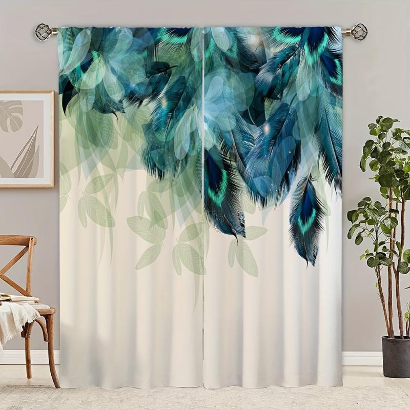 2pcs Peacock Feather Printed Window Curtain for Home Decor