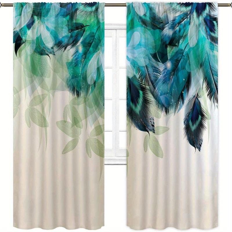 2pcs Peacock Feather Printed Window Curtain for Home Decor
