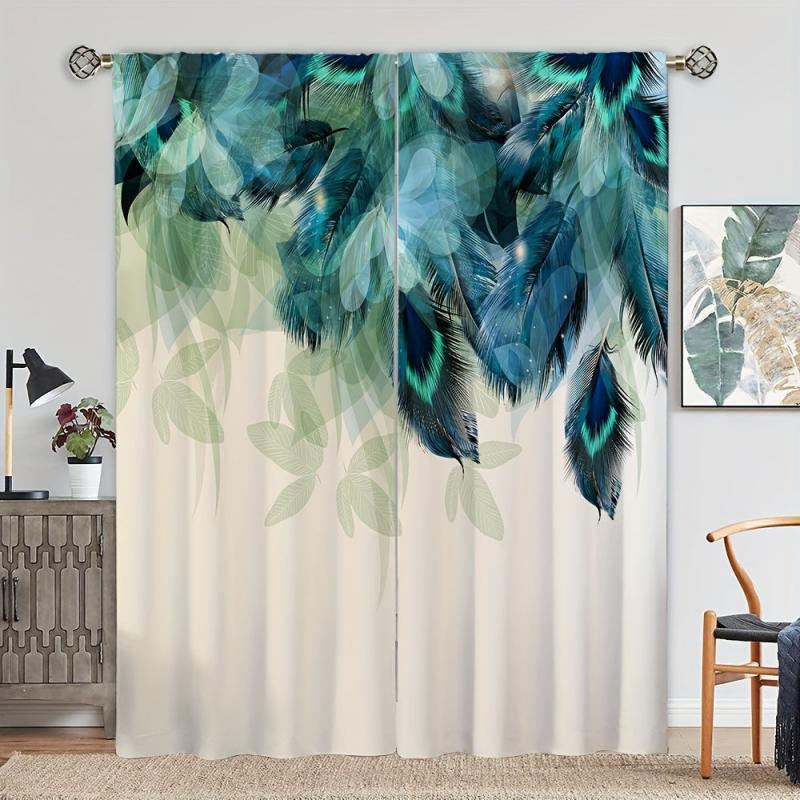 2pcs Peacock Feather Printed Window Curtain for Home Decor