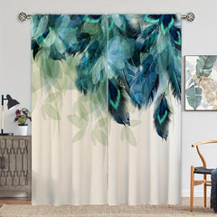 2pcs Peacock Feather Printed Window Curtain for Home Decor