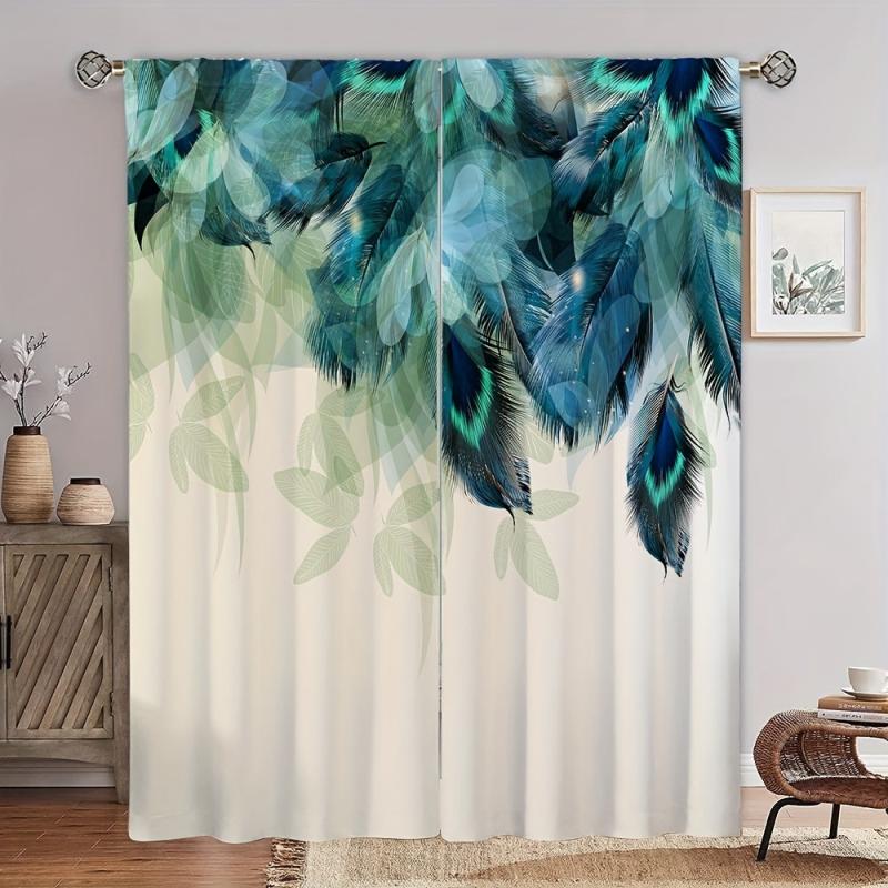 2pcs Peacock Feather Printed Window Curtain for Home Decor