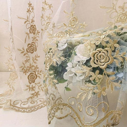 1PC Golden Embroidered Sheer Curtain European Tulle Gauze Curtain Rod Pocket