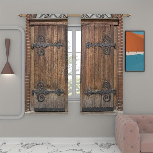 2 Panels Castle Wooden Door Printed Curtains for Living Room Bedroom