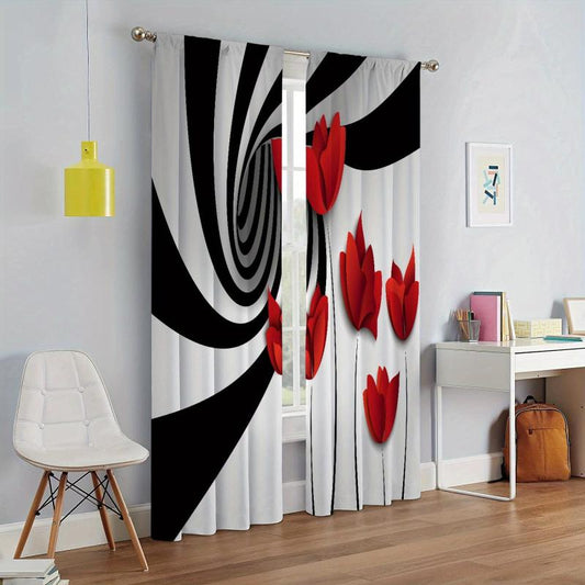 Abstract Art Window Curtain Red Flower & Abstract Spiral Circle Rod Pocket
