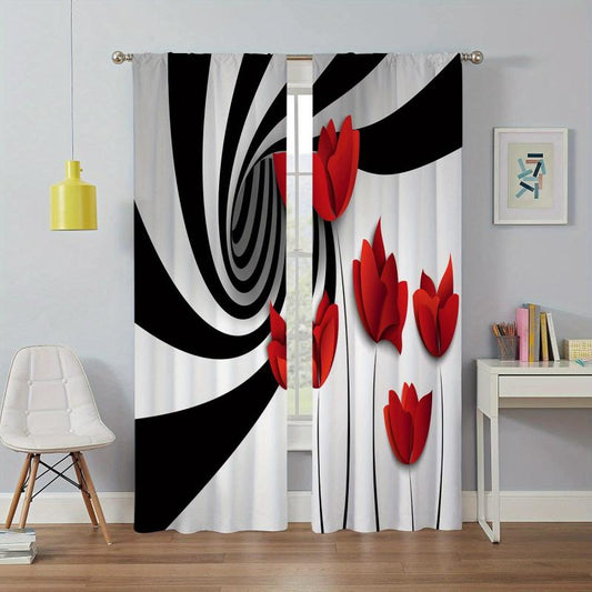 Abstract Art Window Curtain Red Flower & Abstract Spiral Circle Rod Pocket