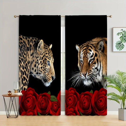 Red Floral Leopard Rose Curtains