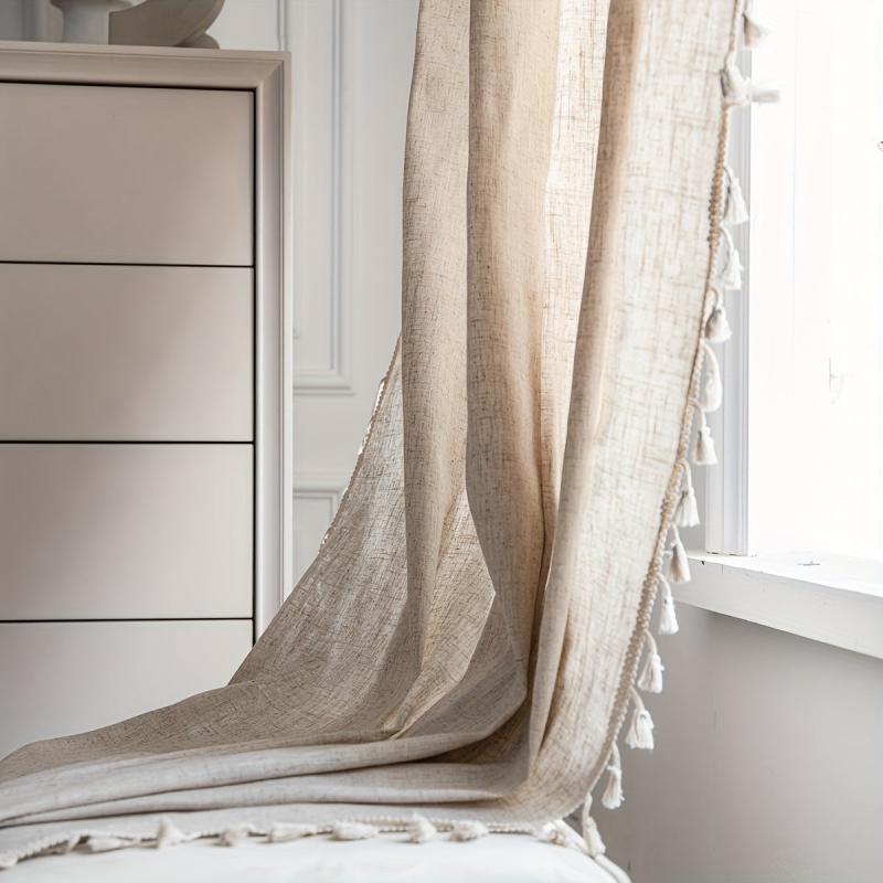 Polyester Linen Plain Kitchen Curtain Semi Shading with Tassel