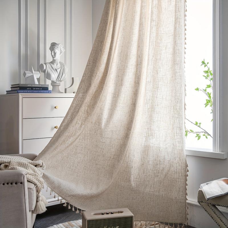 Polyester Linen Plain Kitchen Curtain Semi Shading with Tassel