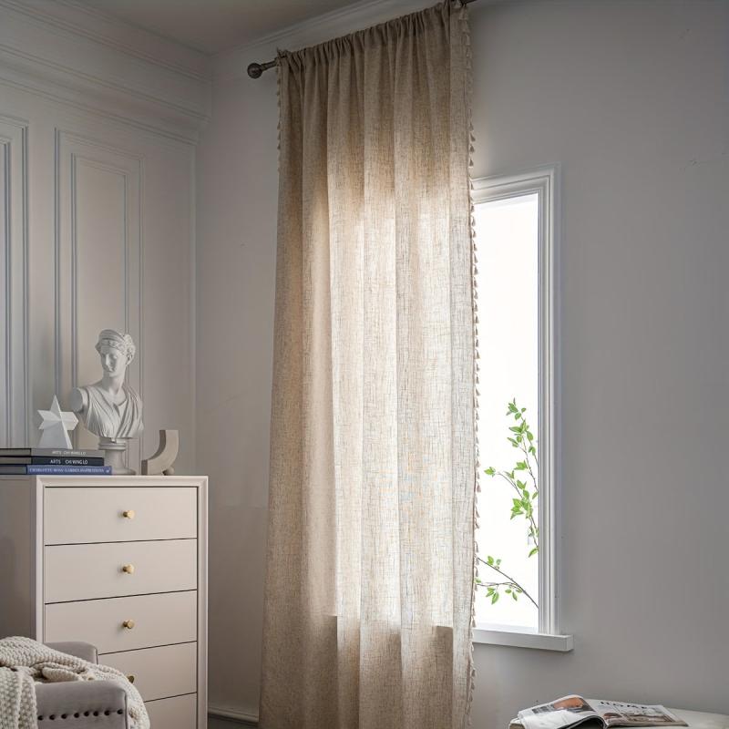 Polyester Linen Plain Kitchen Curtain Semi Shading with Tassel