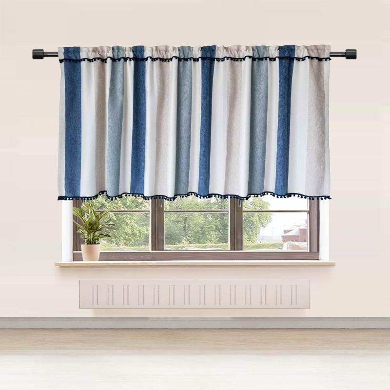 1PC Cafe Blackout Short Curtains Valance Colorful Striped Tassels