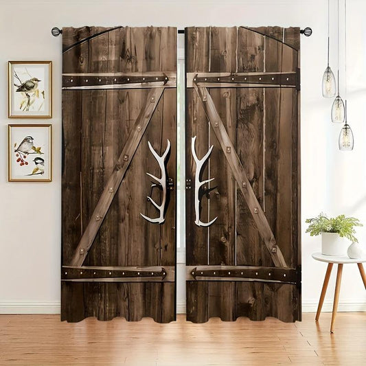 Vintage Wood Door Pattern Curtains Semi-Blackout Rod Pocket