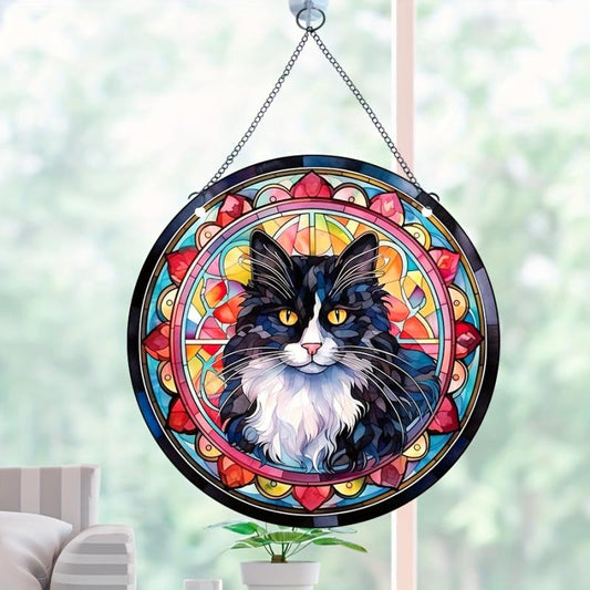 Acrylic Long Hair Cat Round Stain Window Hanging Pendant