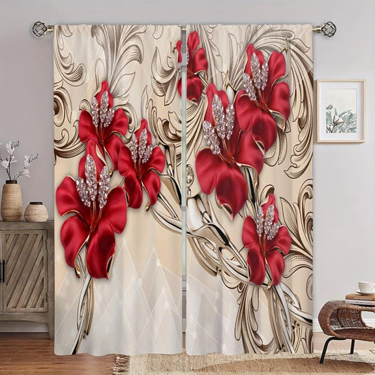 Red Flowers Printed Curtain Rod Pocket Top - Romantic Window Treatment