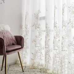 Embroidery Sheer Curtain Embossed Branch Leaf Pattern Embroidery Curtain