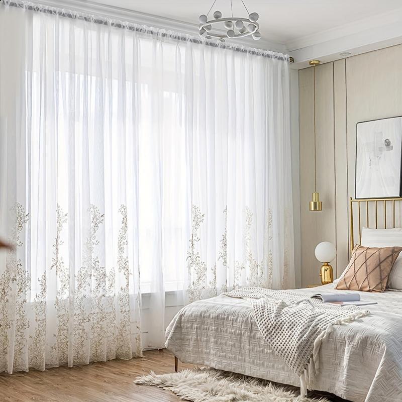 Embroidery Sheer Curtain Embossed Branch Leaf Pattern Embroidery Curtain