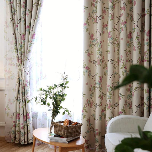 Modern Blackout Curtain with Branch and Leaf Print Grommet Top