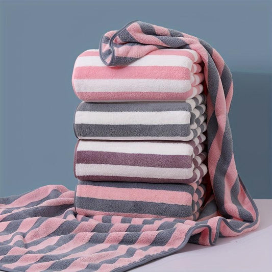 Soft Comfort Bath Towel Set High Coral Fleece Stripe Pattern