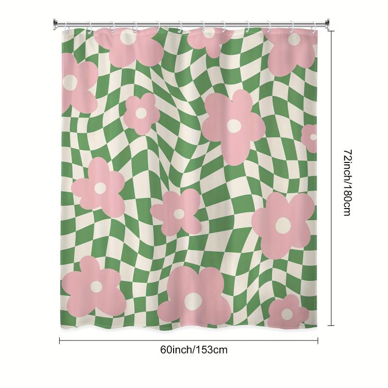 Flower Checkered Plaid Shower Curtain Waterproof Bathroom Decor Accessory