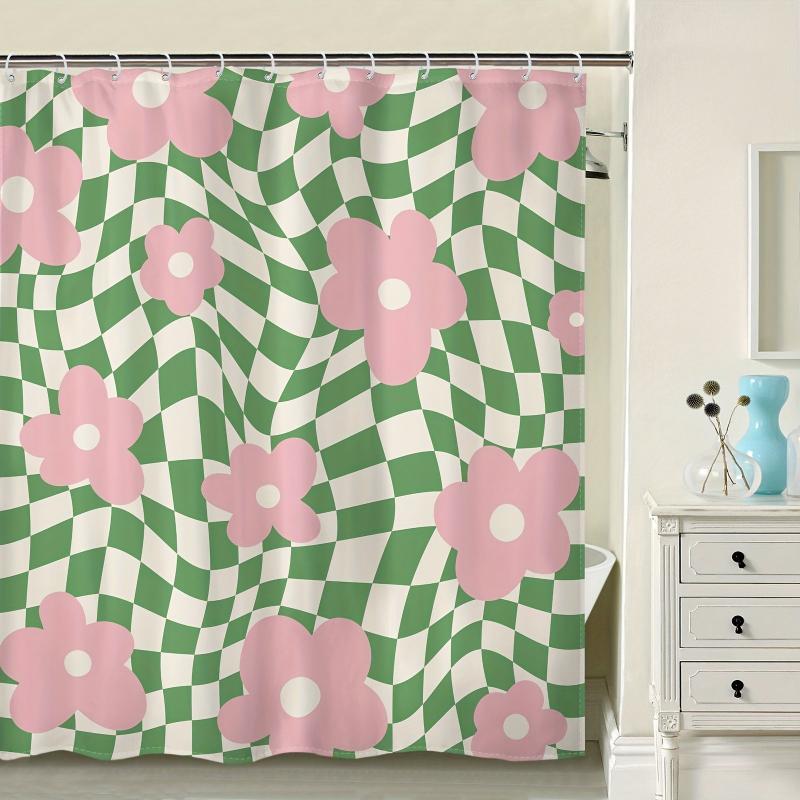 Flower Checkered Plaid Shower Curtain Waterproof Bathroom Decor Accessory
