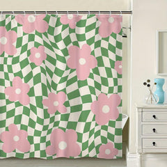 Flower Checkered Plaid Shower Curtain Waterproof Bathroom Decor Accessory