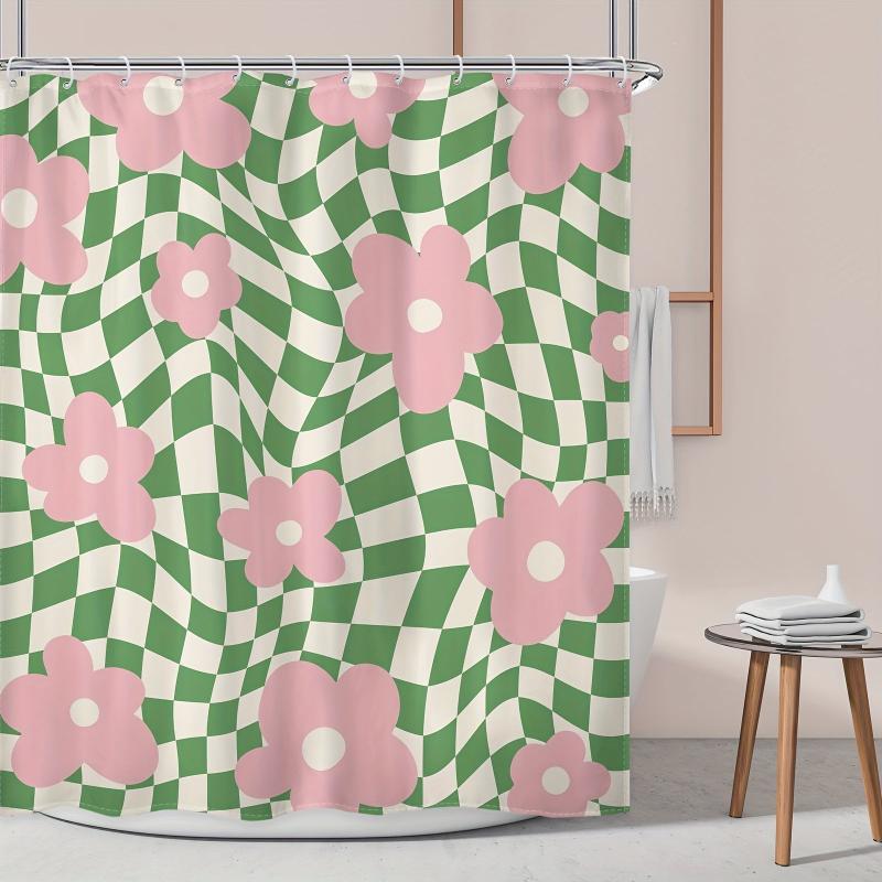 Flower Checkered Plaid Shower Curtain Waterproof Bathroom Decor Accessory