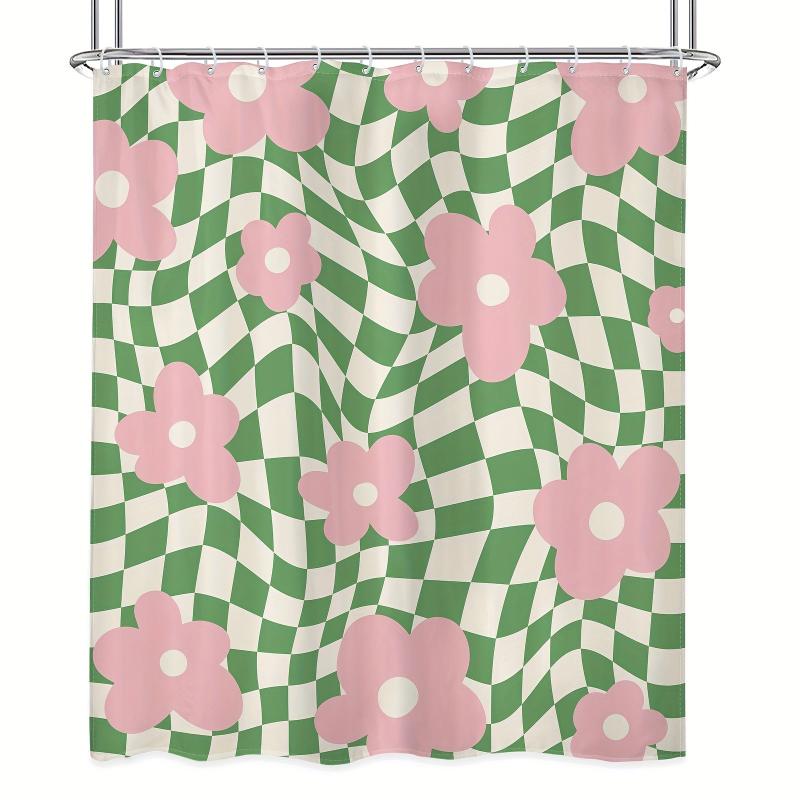 Flower Checkered Plaid Shower Curtain Waterproof Bathroom Decor Accessory