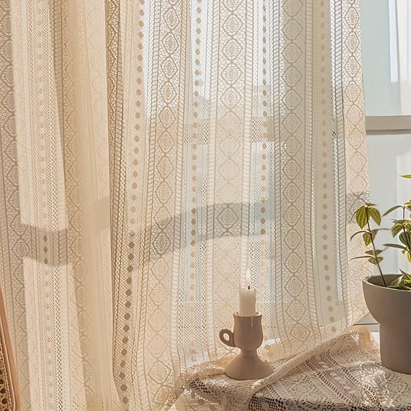 Japanese Style Hollow Striped Sheer Curtain Crochet Style Argyle Pattern