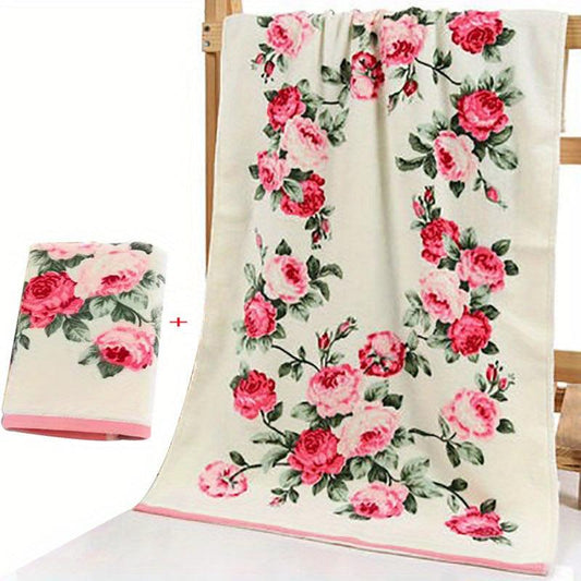 2pcs Flower Pattern Cotton Towel Quick Dry Absorbent Hand Towel Bath Towel