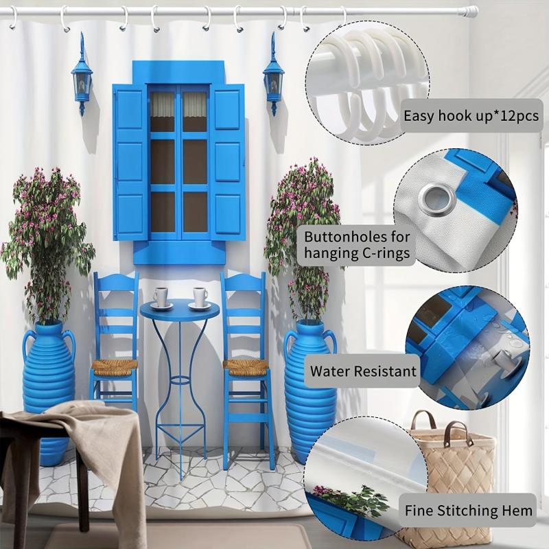 Greek Summer House Pattern Shower Curtain With Hooks